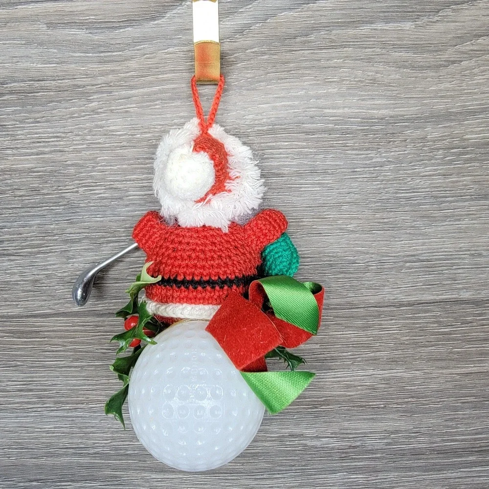 Christmas‎ Golf Ball Santa Ornament Crochet Golfing Theme Hanging vintage